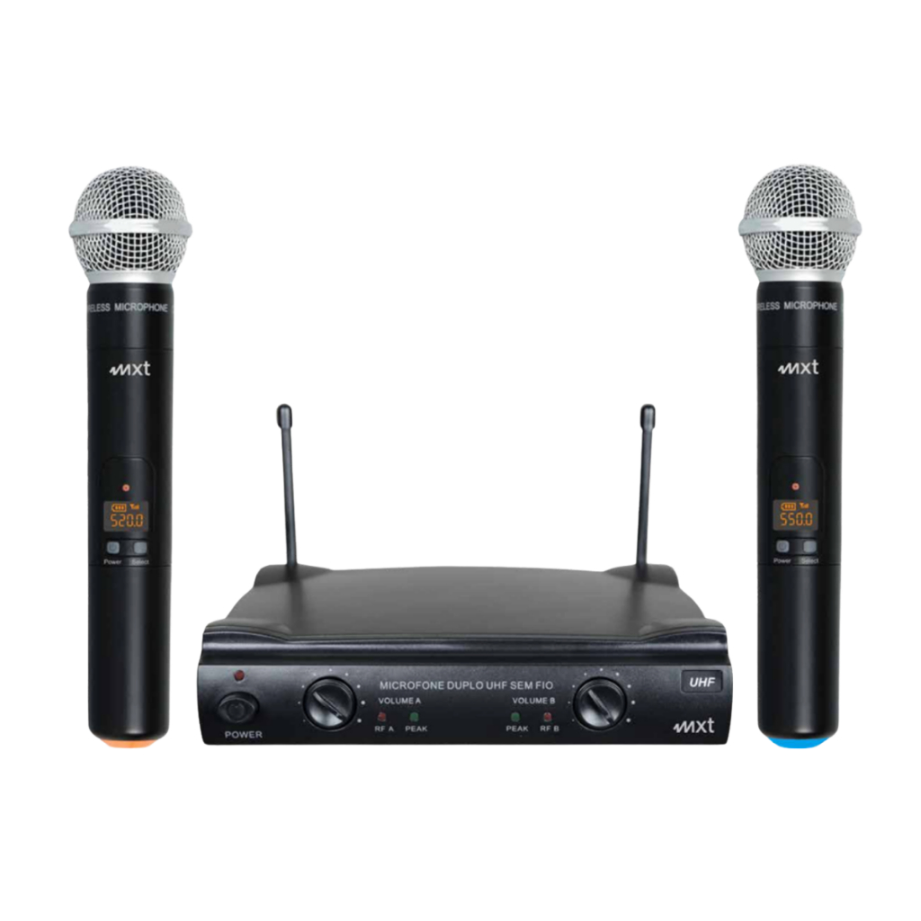 Microfone UHF Sem Fio Duplo MXT UHF-302 96 Canais Alcance 100m Display Digital com Maleta