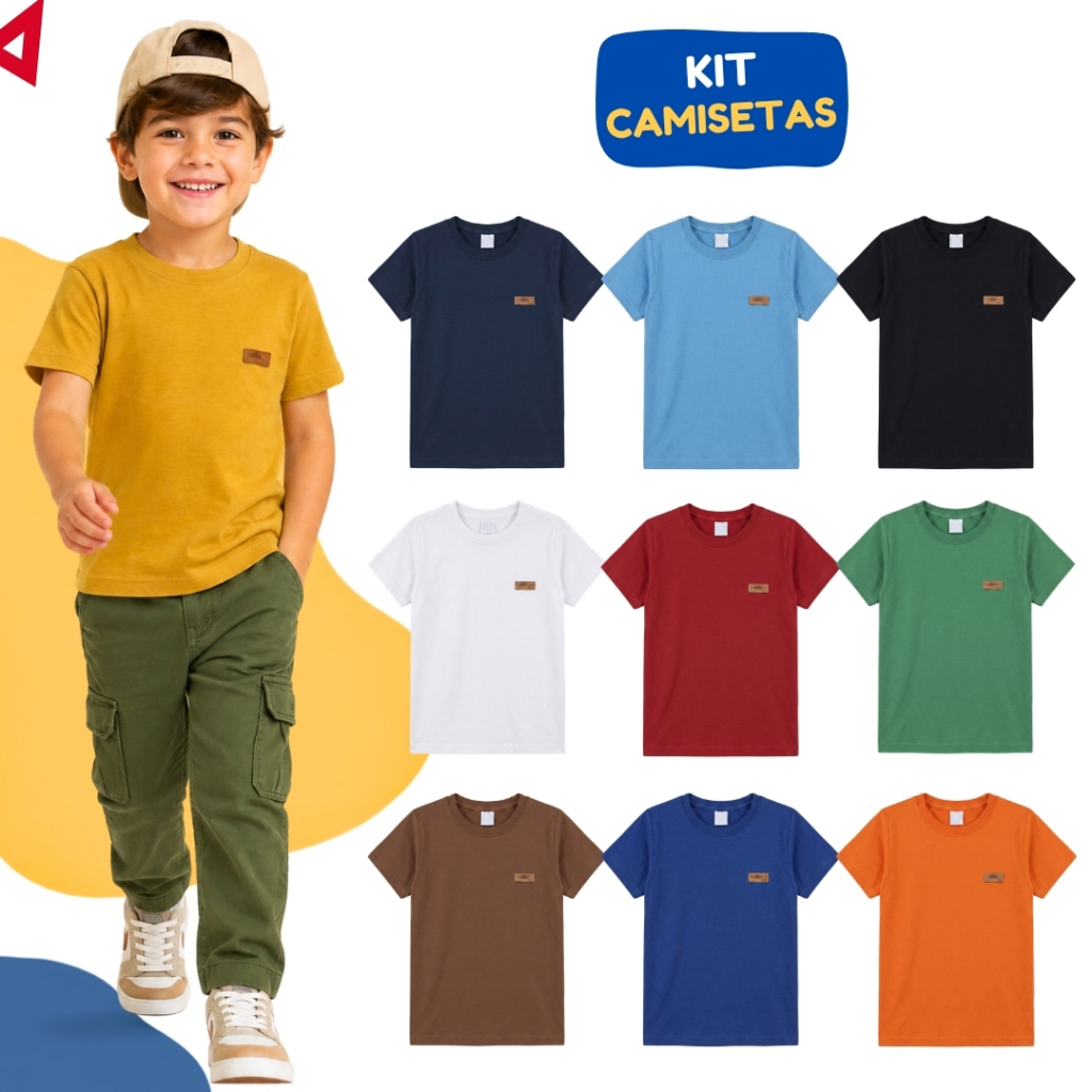 Kit 4 Camisetas Básicas Infantil Menino Manga Curta Lisas Verão