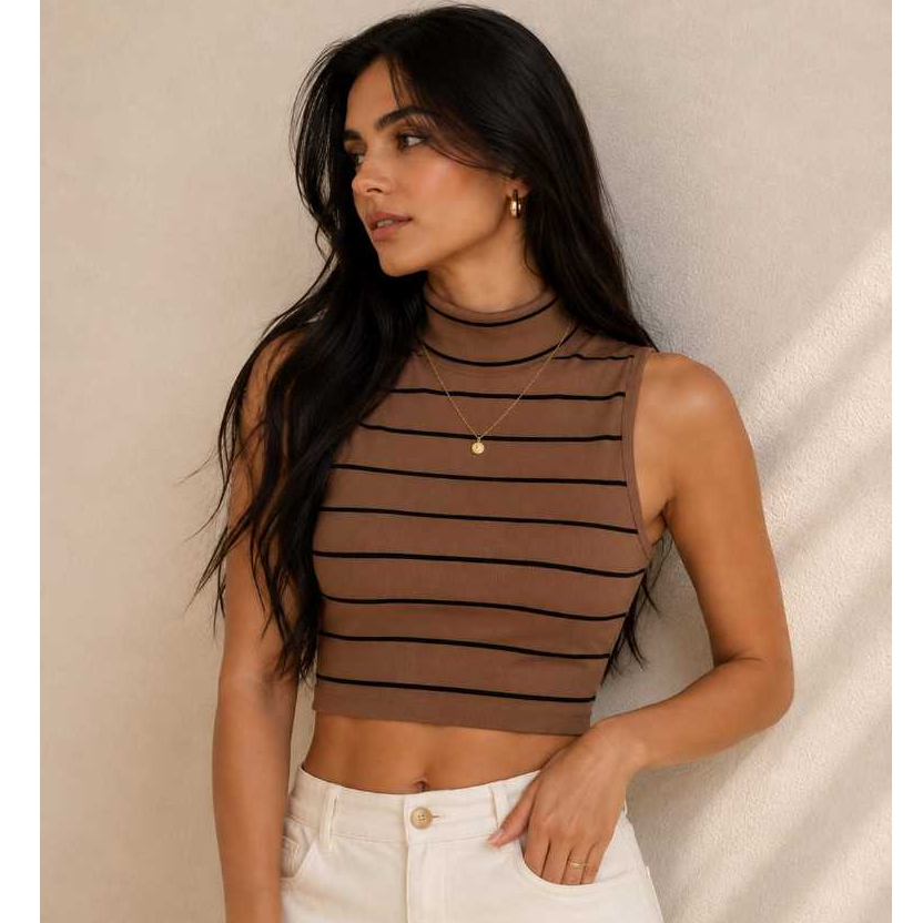 Blusa Regata Gola Alta Canelada Look Feminino Básica Versátil Casual Elegante Outono Inverno Verão