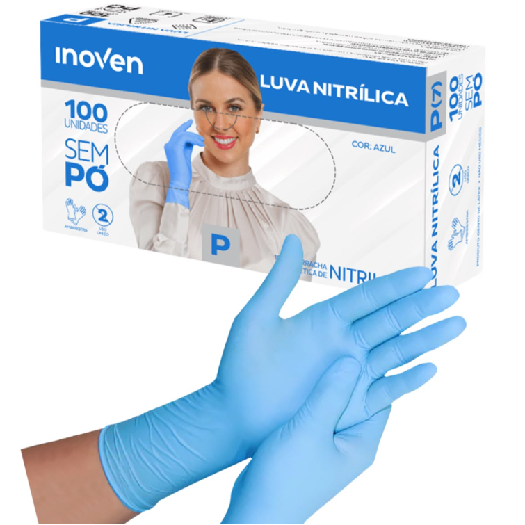 Luva Nitrílica Azul Descartável Tamanho P M G Sem Pó 100 Unidades Uso Profissional