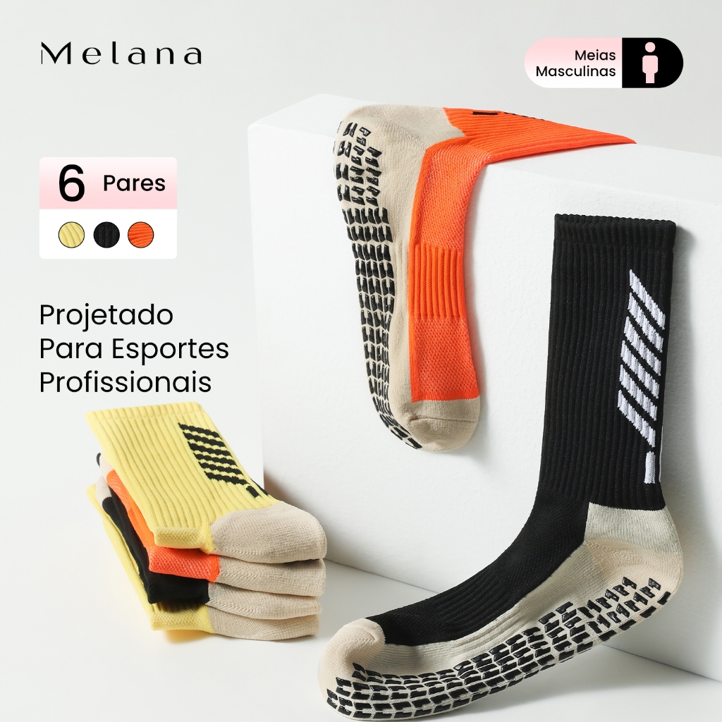 Melana Kit 6 Meias Esportivas Unissex Cano Médio, Algodão Antiderrapante para Futebol e Treinos