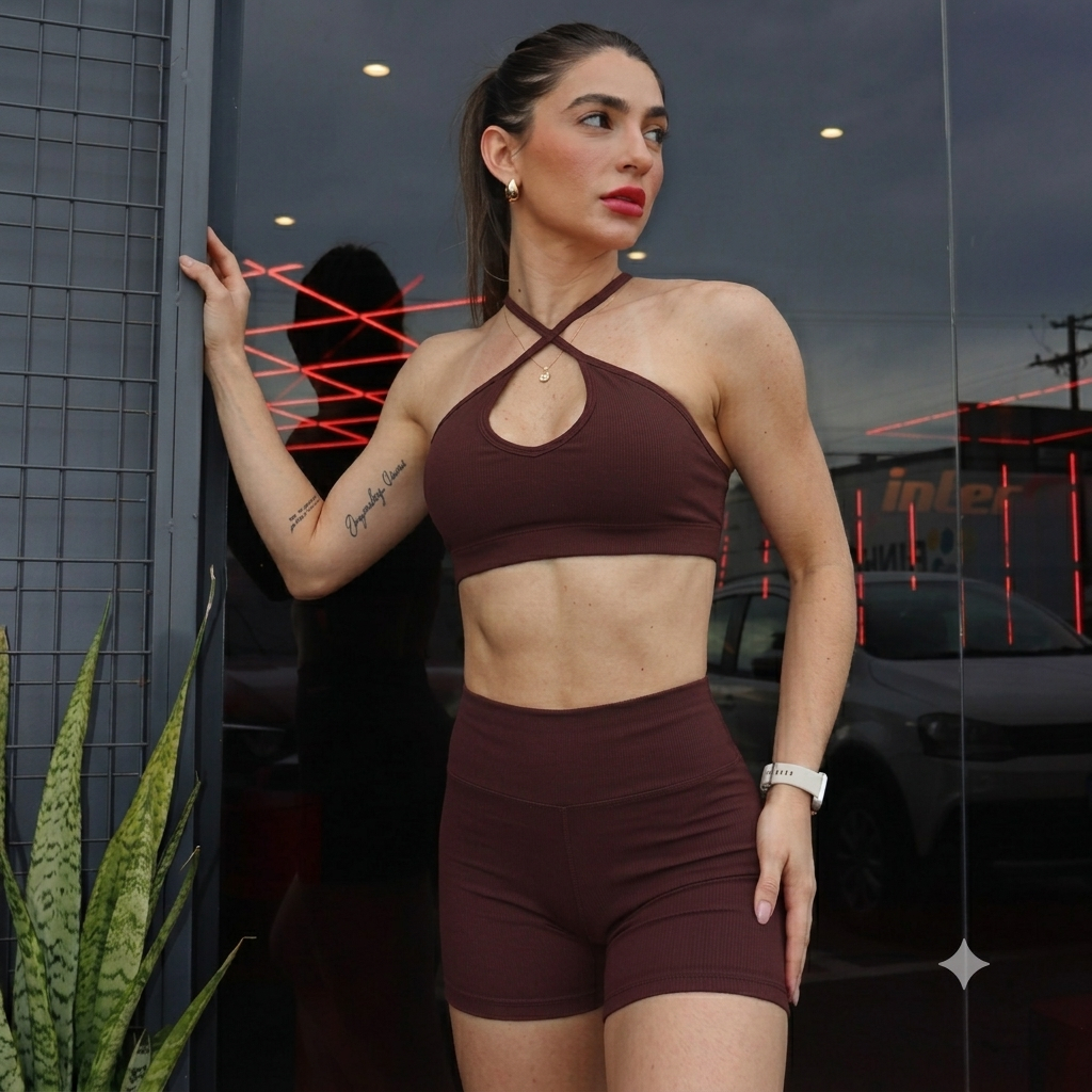 Conjunto de Top e Short Academia Feminino Liso com Bojo Removível Suplex Premium Moda Fitness