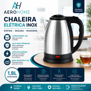 Jarra Chaleira Elétrica Inox Com Aquecimento Rápido E Desligamento Automático 1.8 Litros Para Agua Café Chá - Aero Home