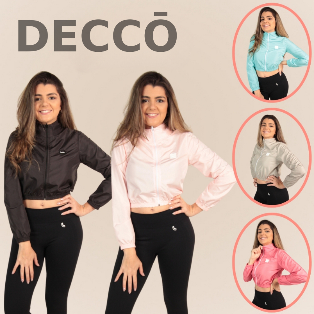 Jaqueta Feminina Corta Vento Cropped Delute Resistente À Água Lisa e Com Dois Bo