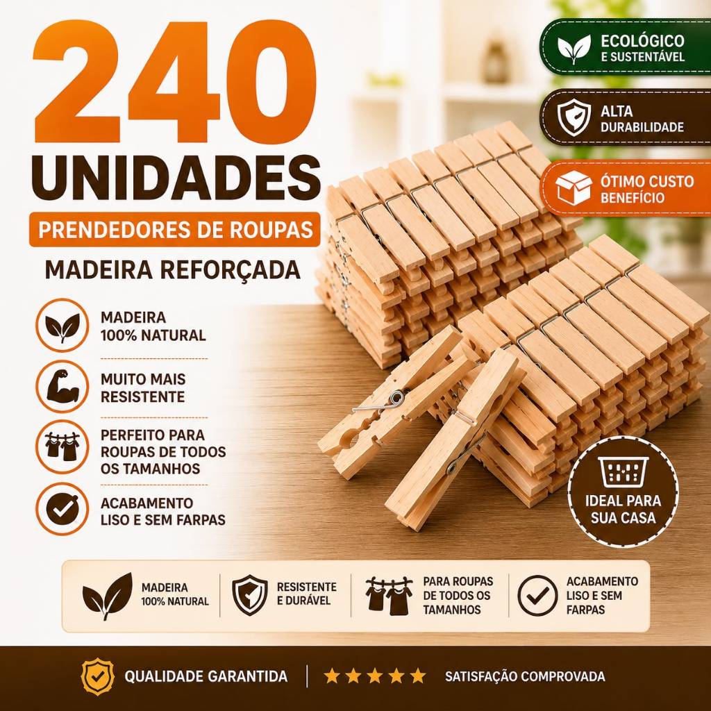 Kit 60 a 240 unidades Prendedor Pregador de Roupas Madeira Reforçado – Varal