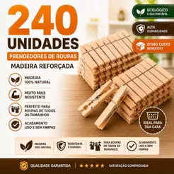 Kit 60 a 240 unidades Prendedor Pregador de Roupas Madeira Reforçado – Varal