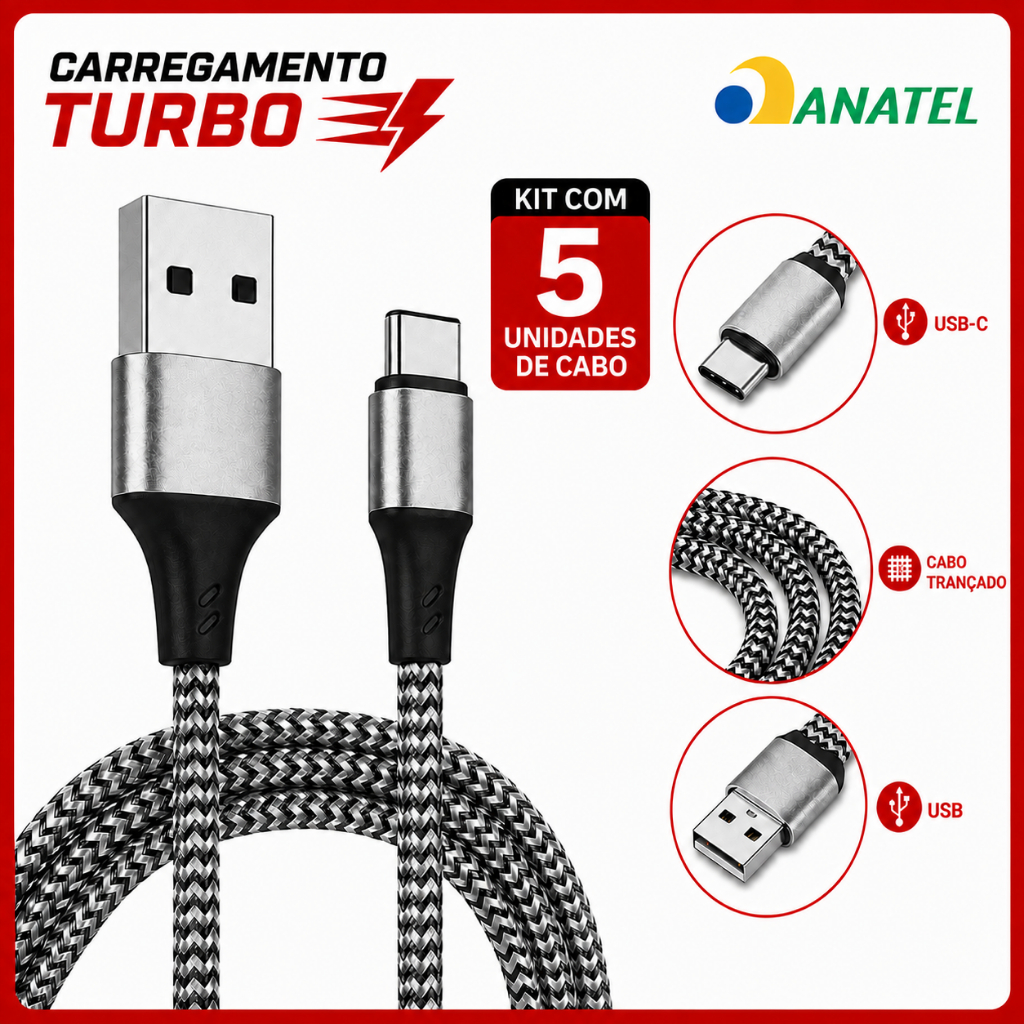 Kit 5 Cabos Carregador Tipo C 2 Metros Reforçado Cores Variadas