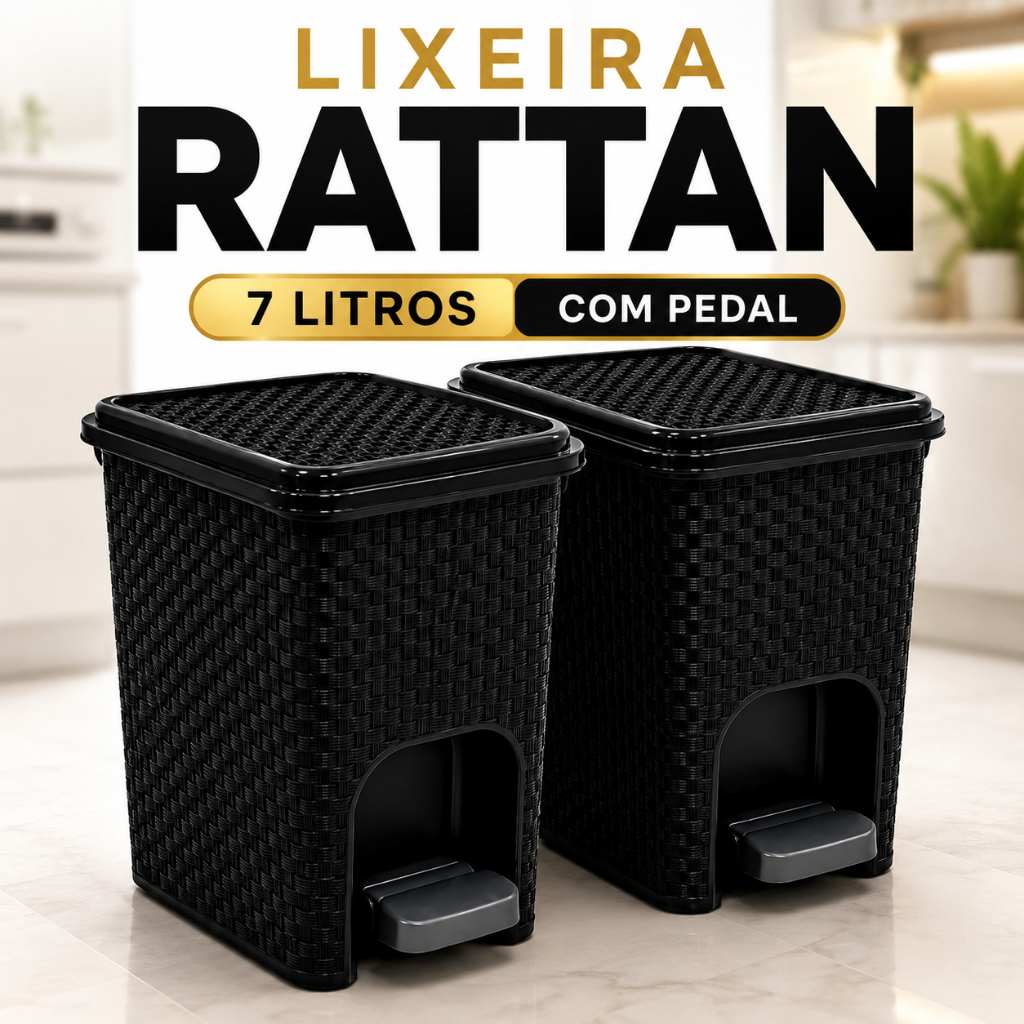 Lixeira Rattan 7L com Pedal e Tampa para Banheiro Cozinha Escritório Plástico Resistente
