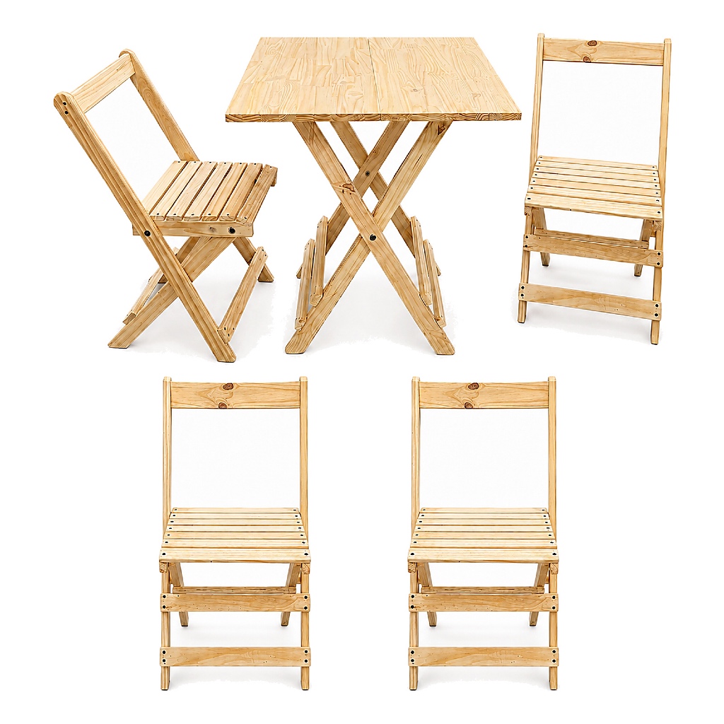 Kit 4 Cadeiras Dobrável + Mesa Bar Madeira Maciça Resistente Natural 70x70