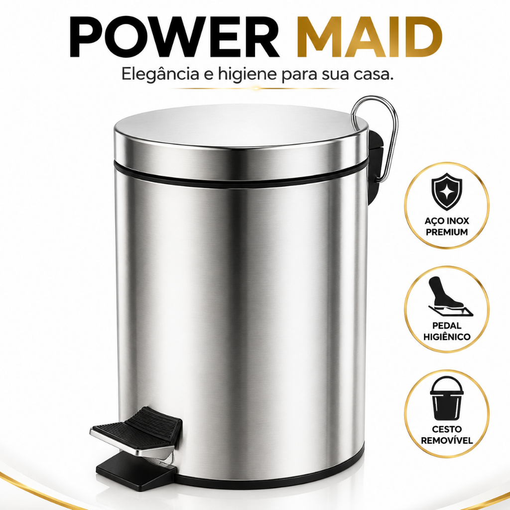 Lixeira Inox 5 Litros com Pedal Balde Removível POWER MAID Banheiro Lavabo Cozinha Escritório