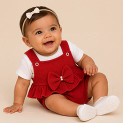 Conjunto Bebê Menina Jardineira + Camiseta Ribana Macacão Malha Trabalhada Laço Perola PMG