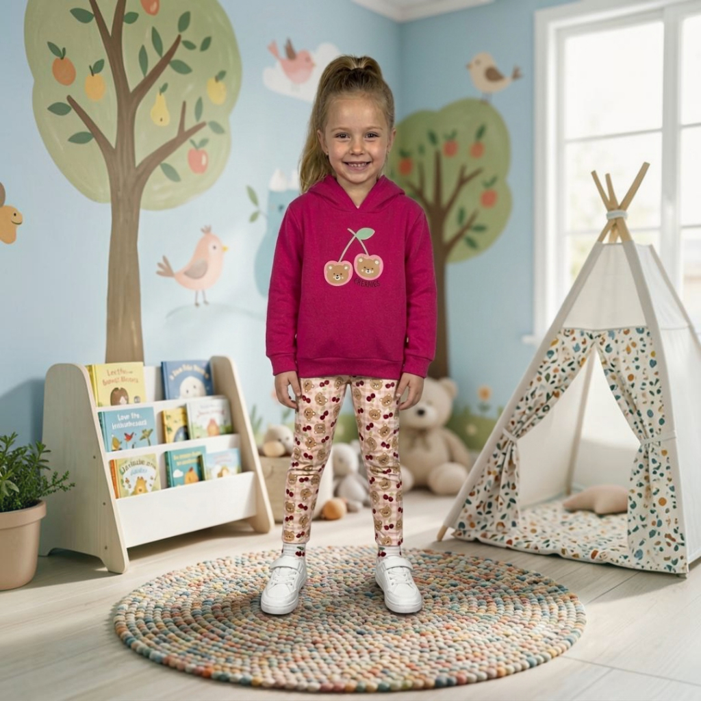 Conjunto Infantil Menina Casaco Moletom Capuz Urso Cereja E Legging Peluciada - Tamanhos 2 ao 8