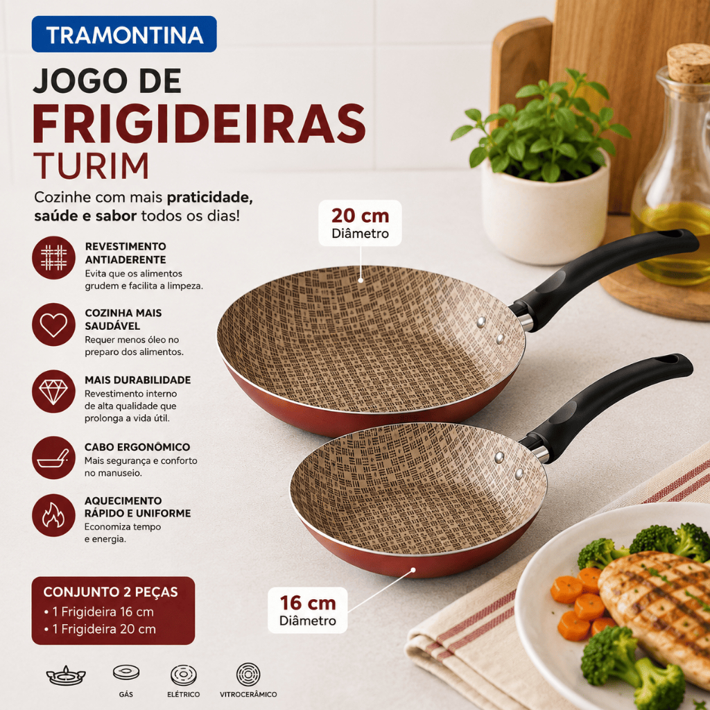 Jogo de Frigideiras Tramontina Turim 2 Peças Antiaderente Vermelho Alumínio 16 e 20cm