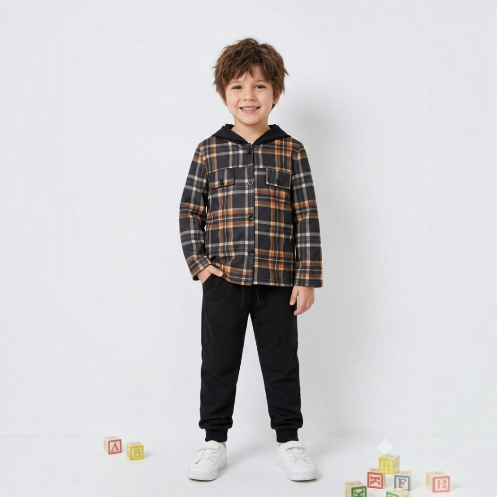 Conjunto Infantil Masculino Jaqueta Camisa Xadrez Com Capuz E Calça Jogger Moletom -  Tamanhos de 2 a 10 anos.