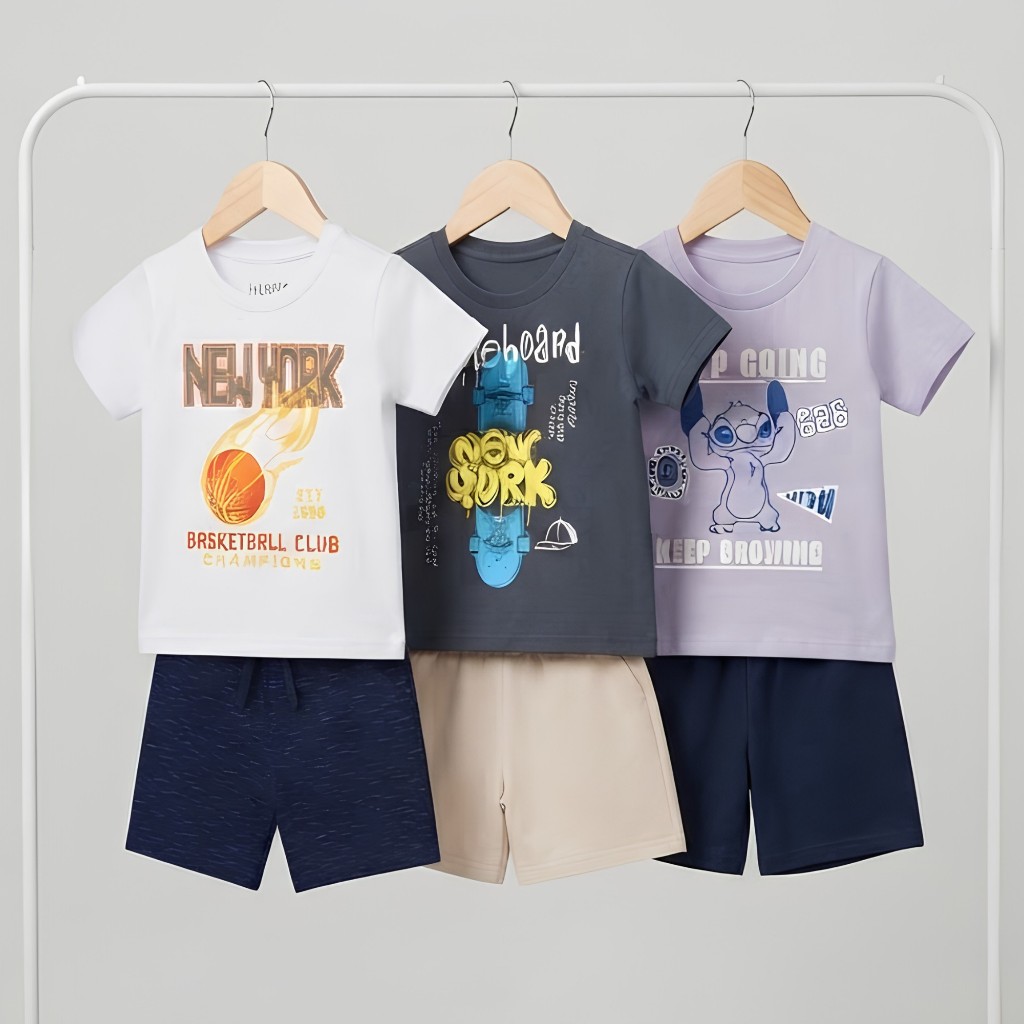 Kit 3 ou 5 Conjuntos Infantil Masculino Verão Sortido Blusa + Bermuda 1 ao 8 Anos Roupa Infantil Menino