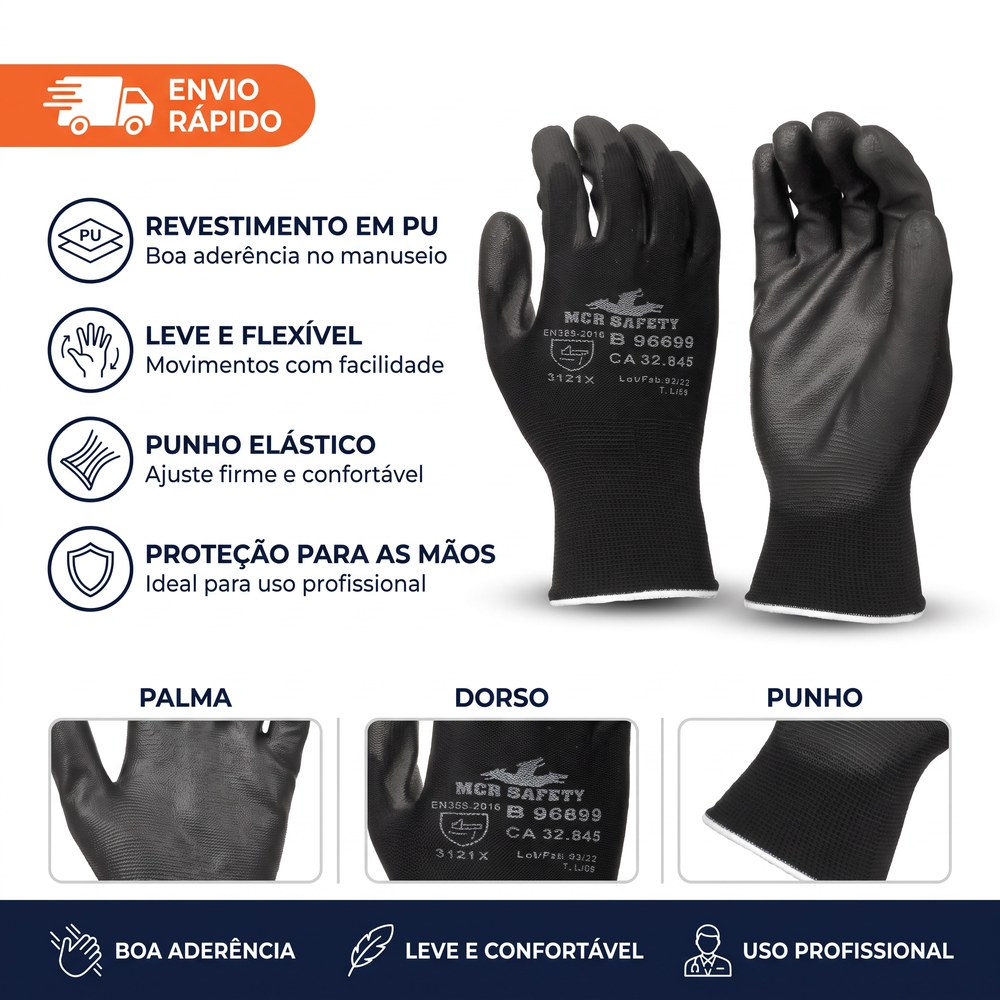 Kit 10 Pares Luva Proteção Multitato Tátil Banhada PU Black Uso Geral Mecânico Pedreiro Pintor EPI CA