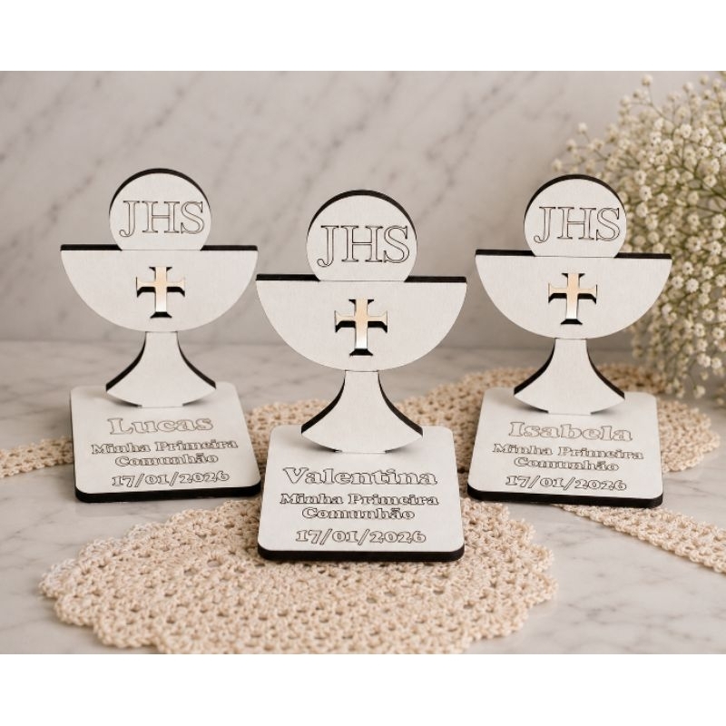 Kit Lembrancinha Personalizada Primeira Comunhão, Eucaristia, Encontros Bíblicos, ECC, religioso, em Mdf Branco