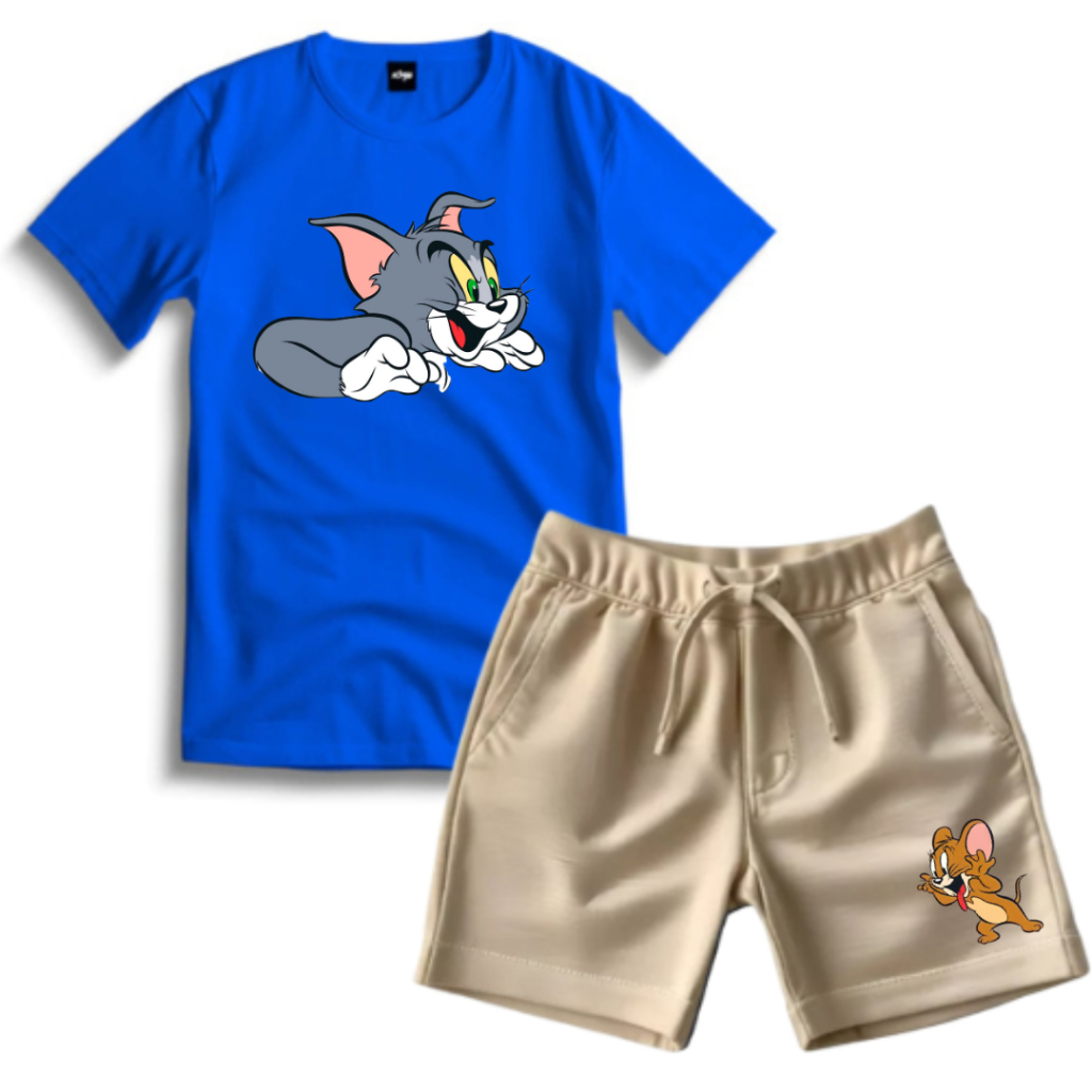 Conjunto Infantil Camiseta e Short Moletinho Masculino Roupa Infantil Confortável Estampa Gato e Ratinho Casual Verão
