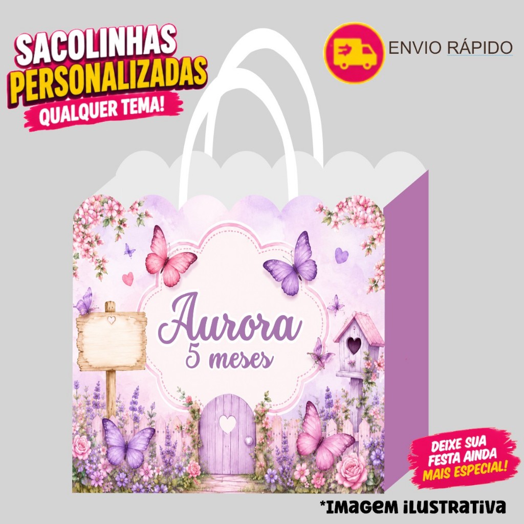 Sacolinha BORBOLETA LILÁS Personalizados | Sacolinha | Lembrancinha | Mimos | Aniversário (PEGUE E MONTE)