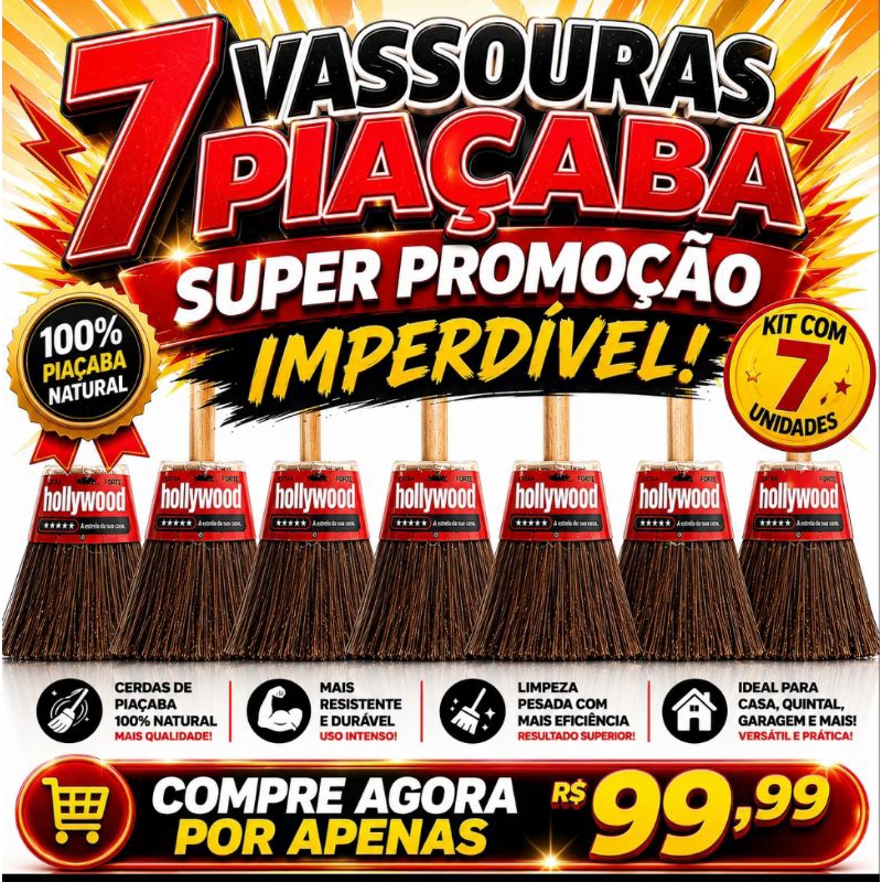Kit 7 Vassouras de Piaçava com Cabo de Madeira Reforçada para Limpeza Pesada 🧹🔥