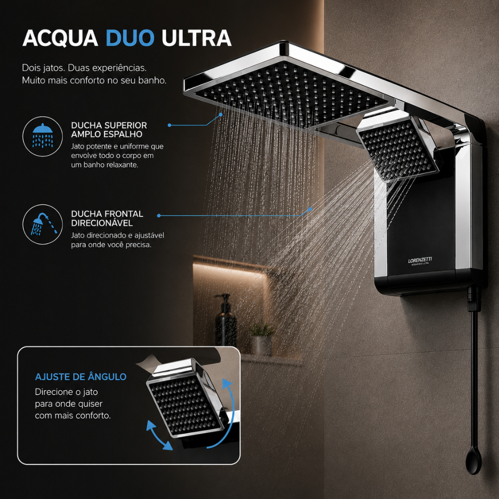 Chuveiro Elétrico Ducha Acqua Duo Ultra Preto Cromado 220V 7800w 6800W Lorenzetti · foto 2