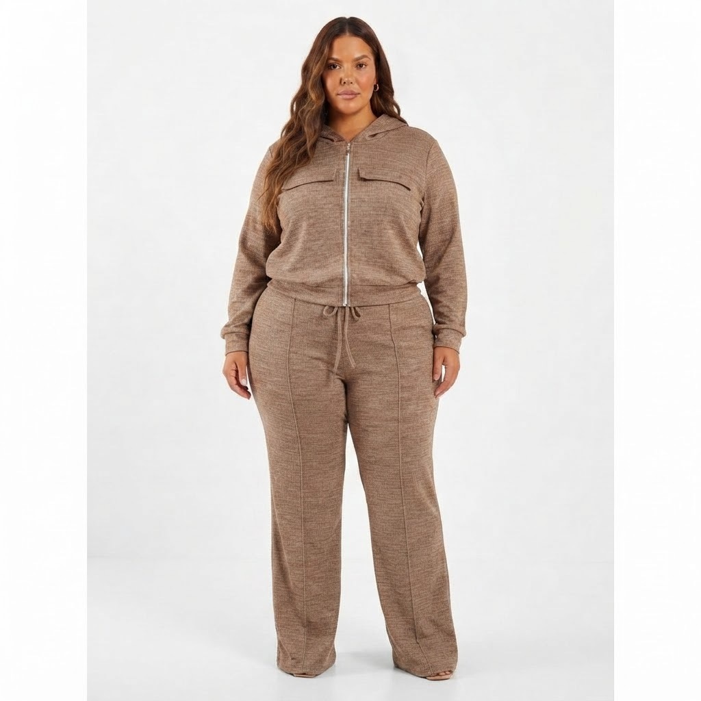 Conjunto Plus Size Feminino Moletinho Casaco Com Zíper Capuz E Calça Pantalona Confortável Elegante