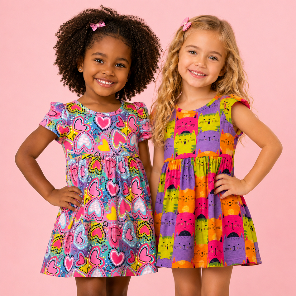 Vestido Infantil Menina | Estampado Coração e Gatinho | Vestido Infantil do 1 ao 10 | Vestido Menina Blogueirinha