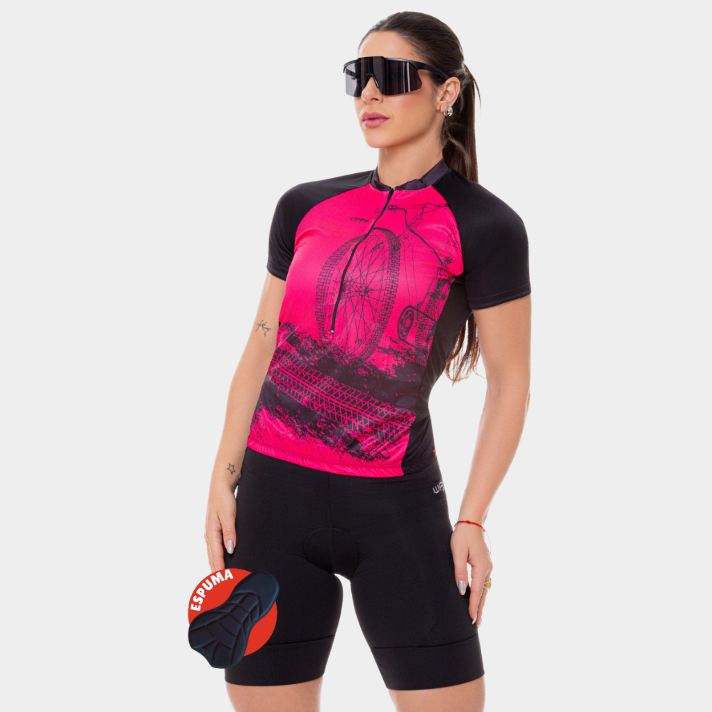 Conjunto de Ciclismo Feminino Camisa Bike Roda Rosa e Bermuda Espuma