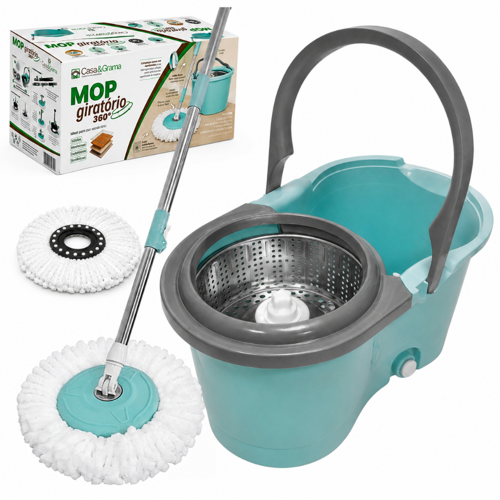Mop Giratório Esfregão Cabo Longo 1,56 Metros Ajustável Reforçado Balde 14L Cesto Inox Com 2 Refis Casa&Grama