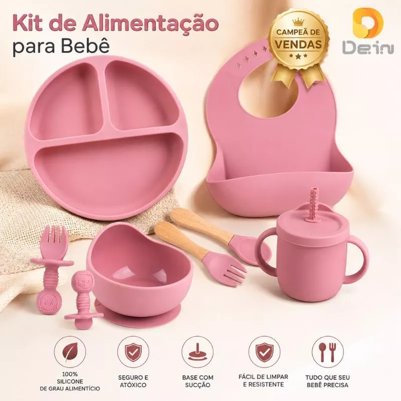 Kit de Alimentação para Bebê de Silicone 8 e 6 Peças Infantil Ventosa Canudo Colher Babador Garfo — imagem 1
