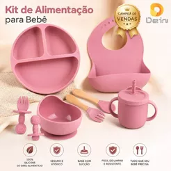 Kit de Alimentação para Bebê de Silicone 8 e 6 Peças Infantil Ventosa Canudo Colher Babador Garfo