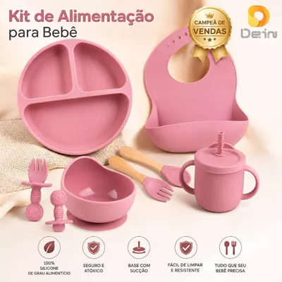 Kit de Alimentação para Bebê de Silicone 8 e 6 Peças Infantil Ventosa Canudo Colher Babador Garfo