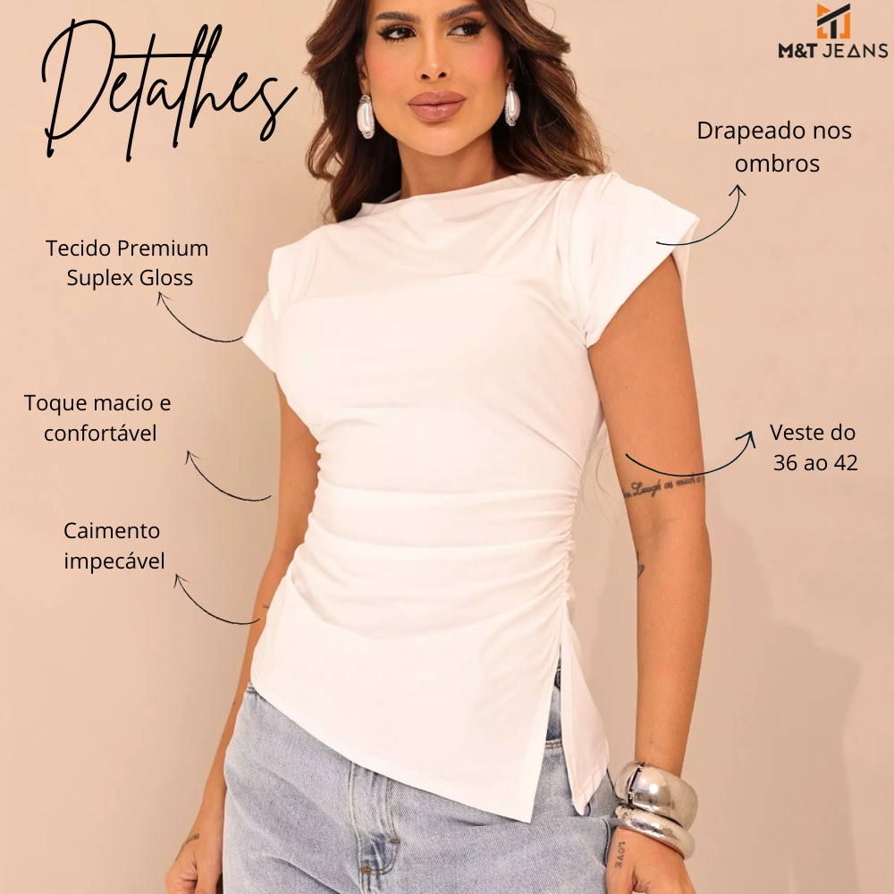 Blusa  Feminina com Gola Alta Suplex Gloss Verão Drapeada Blusinha Feminina Meia Estação Tendencia Moda Blogueira 2026
