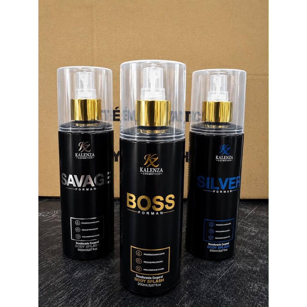 Kit Body Splash Masculino Kalenza Cosmetics 200ml — Kit Perfumaria Masculina Savage + Boss + Silver