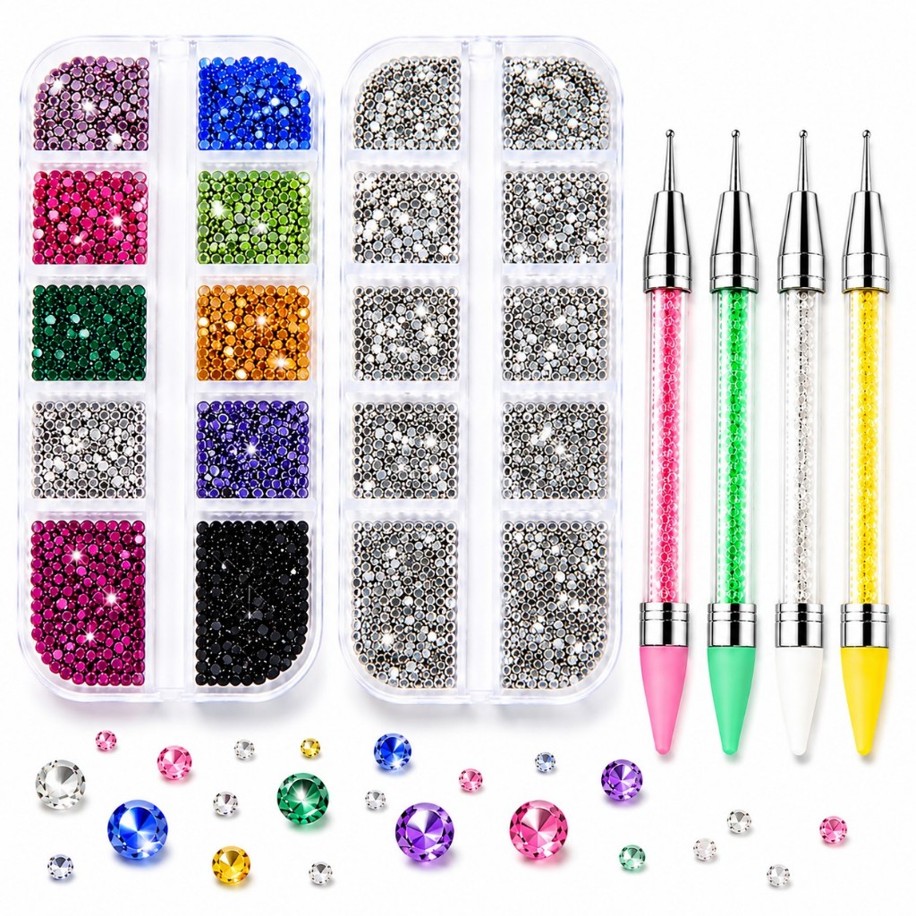 Kit Strass para Unhas Colorido e Prata com 1 Caneta Aplicadora Cristais Nail Art Decoração