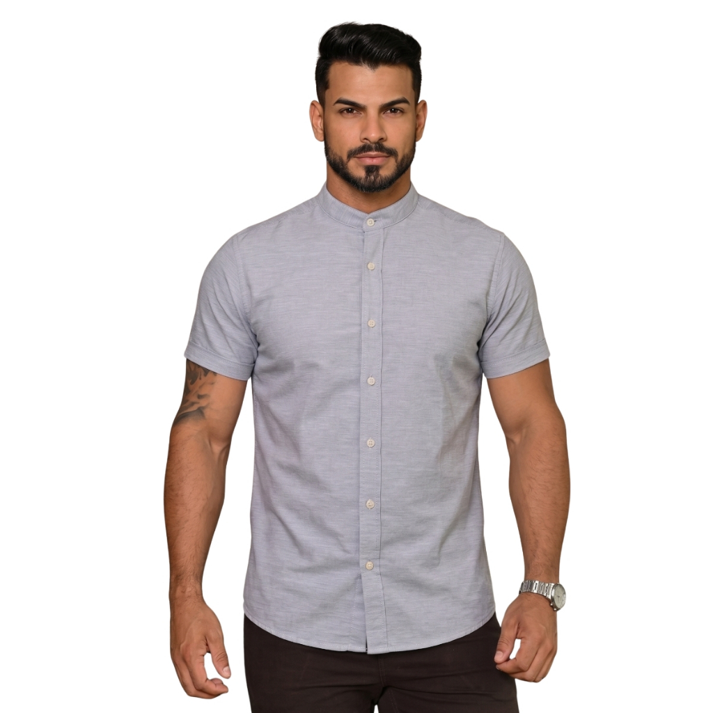 Camisa Social Masculina Manga Curta Luxo Gola Padre Slim Tecido Linho Premium