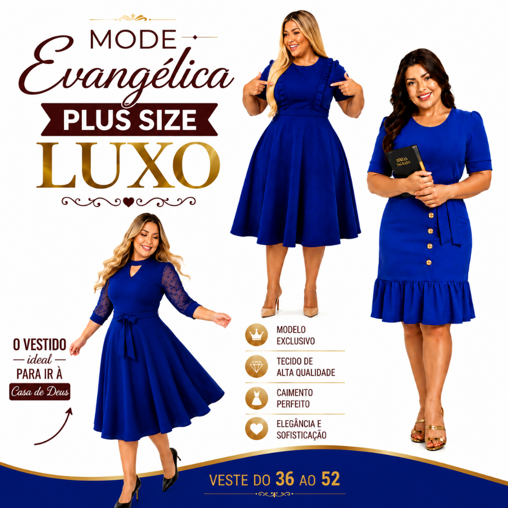 Vestido Plus Size Moda Evangélica Social Rodado godê Azul Royal Midi Fardamentos Evangélicos Festas estilo Camponesa