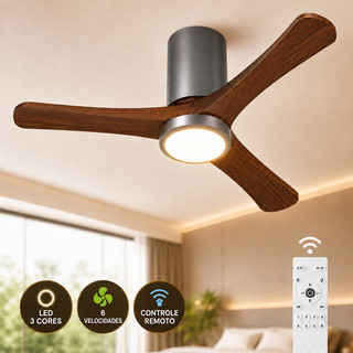 Ventilador de Teto LED 108cm 3 Pás Madeira Controle Remoto 6 Velocidades Bivolt Reversível