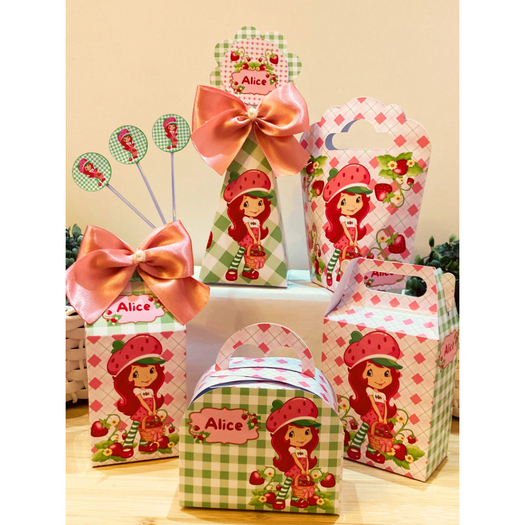 Kit Personalizados Moranguinho Festa Menina Infantil Caixinhas Topo Topper Doce Lembrancinha Aniversário PegueMonte