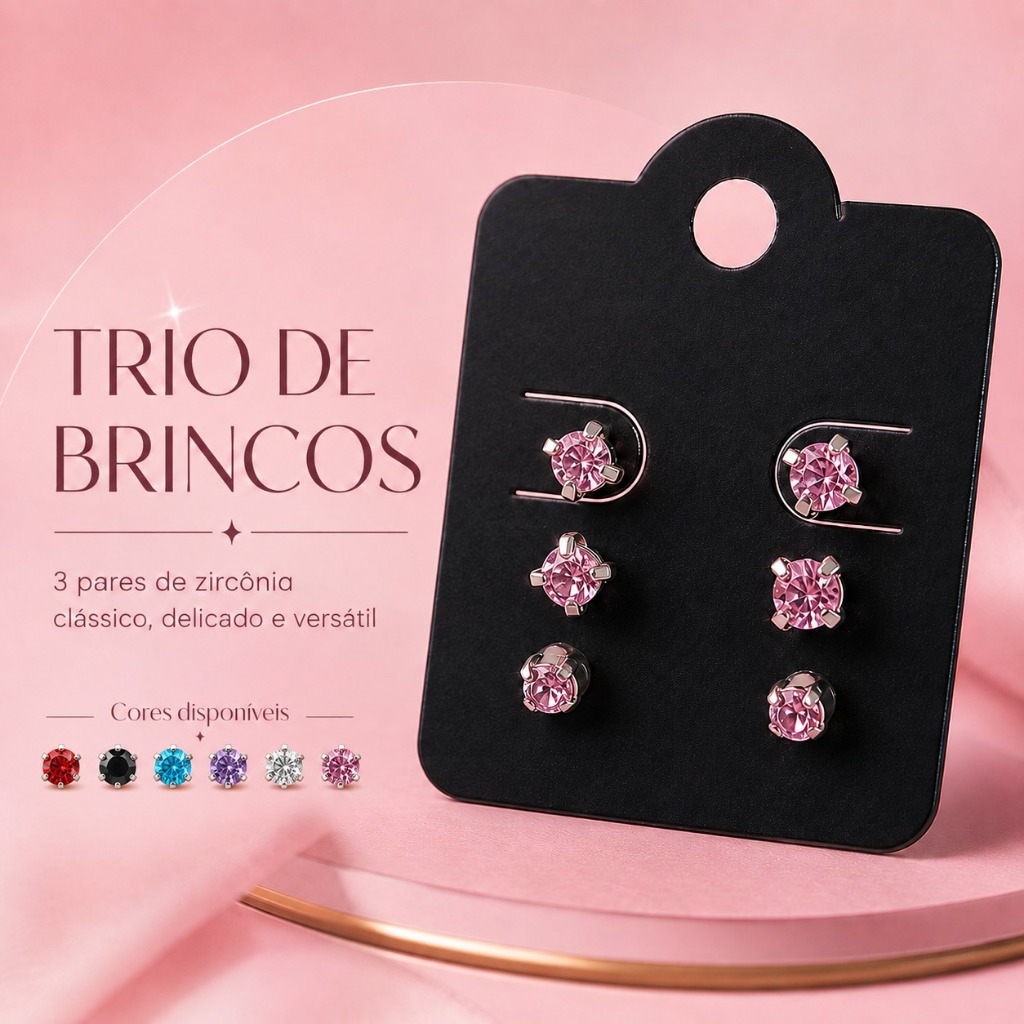 Trio de Brincos Femininos Zircônia 3 Pares Antialérgico Ponto de Luz 1º 2º e 3º Furo