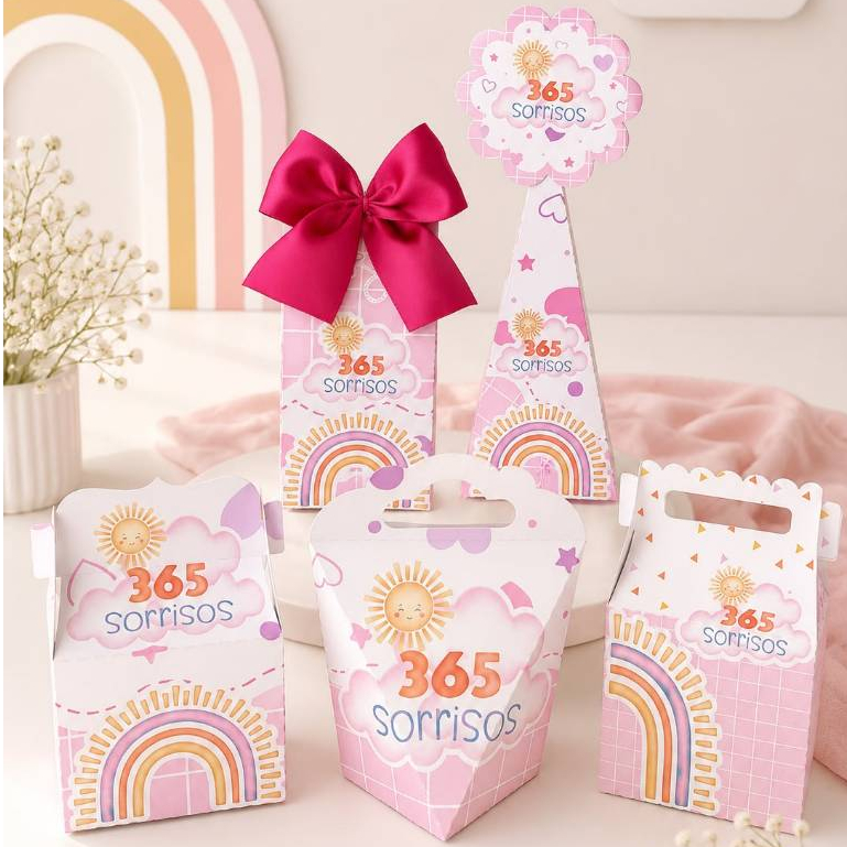 Kit de Caixinhas 365 SORRISOS menina com laço decoração cenário e lembrancinha de festa de aniversario pegue e monte