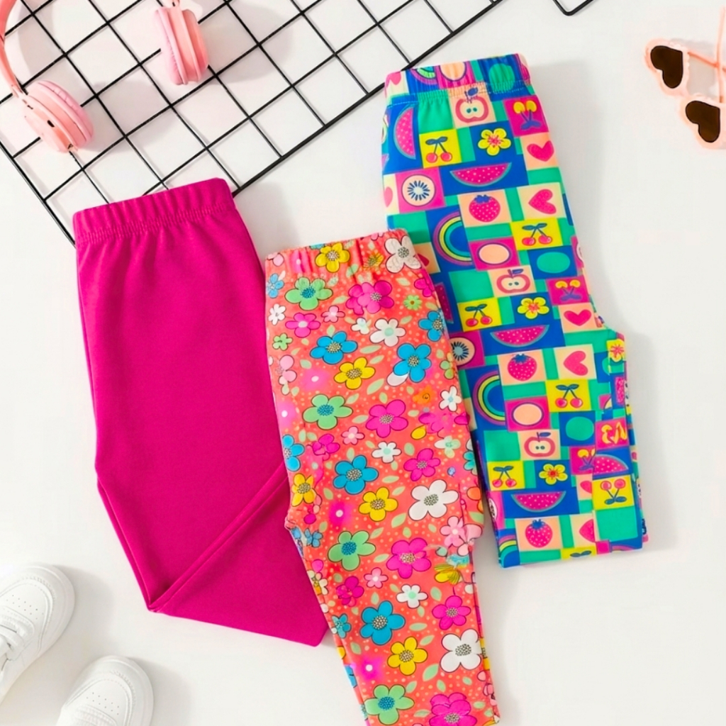 Kit 3 Leg Infantil Feminina Algodão Suplex Legging Menina Verão Lisa e Estampada Sortidas 1 ao 16 Oferta