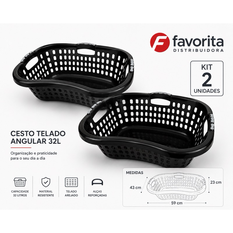 Kit com 2 Cesto Telado Angular 32lt (preto) TOY