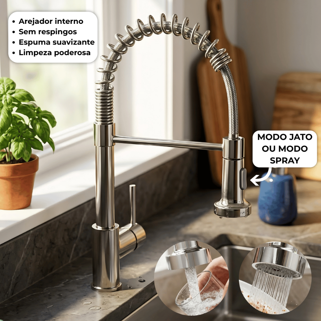 Torneira Lopazzi Cozinha Gourmet Misturador Quente Frio Bancada Gira 360 Dois Jatos Alta Qualidade Design Moderno Luxo · foto 2