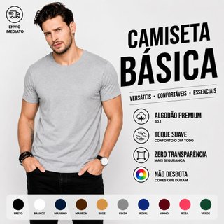 Camiseta Masculina Cinza 100% Algodão Casual Básicas Lisa Confortável Gola Redonda Tribo