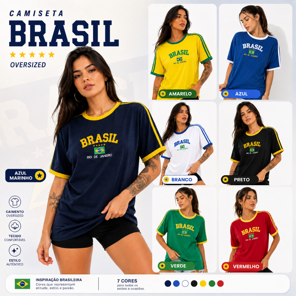 Camiseta Brasil Bordada Feminina Regular Rio de Janeiro