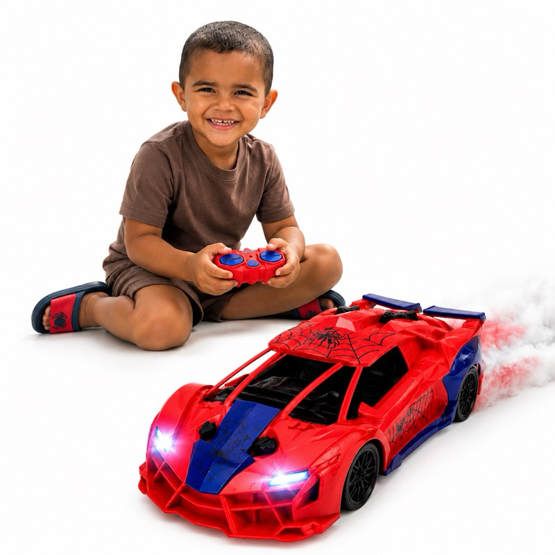 Carrinho Controle Remoto Drift Solta Fumaça Recarregável Farol Led Brinquedo Homem Aranha