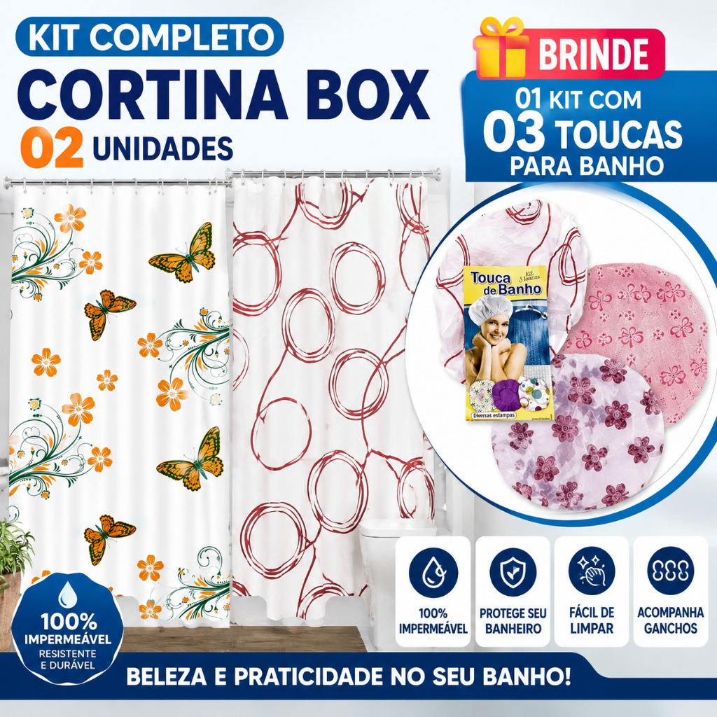 Kit com 2 Cortina de Box para Banheiro em Vinil com Ganchos  - Cores Sortidas