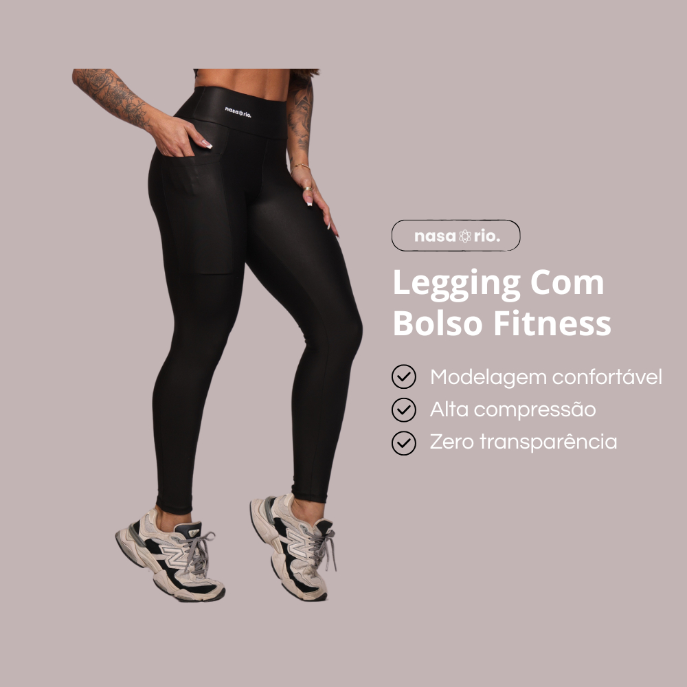 Calça Legging Com Bolso de Cintura Alta Para Academia Feminina Esportiva Modeladora Treino e Corrida
