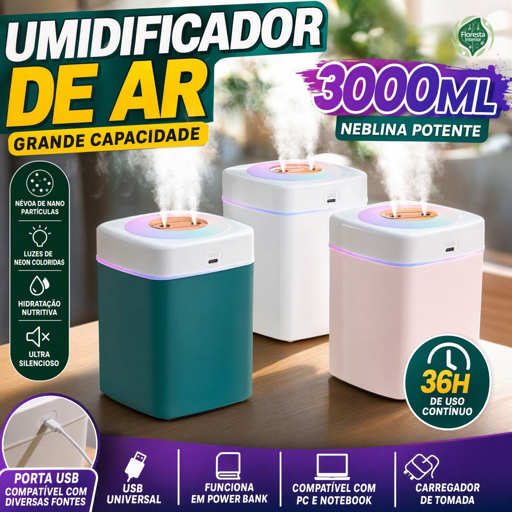 Umidificador De Ar E Aromatizador Grande 3 Litros Bicos Dupla Difusor Aromatizador De Ambiente